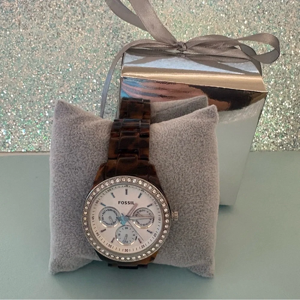 Fossil Stella Chronograph Crystal Bezel Tortoise Stainless Steel Bracelet Watch